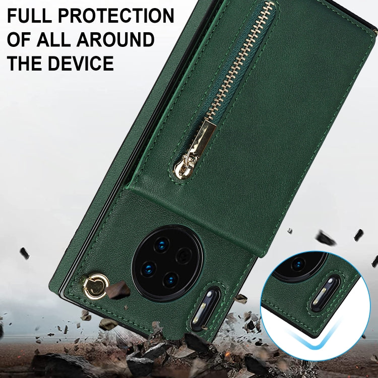 Para Huawei Mate 30 Cross-Body Zipper Square TPU + PU Funda posterior de la PU con soporte y ranuras para tarjetas y billetera y correa (verde)