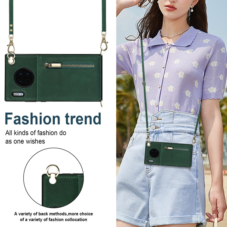 Para Huawei Mate 30 Cross-Body Zipper Square TPU + PU Funda posterior de la PU con soporte y ranuras para tarjetas y billetera y correa (verde)