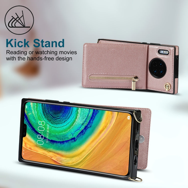 Para Huawei Mate 30 Cremallera Cross-Body Square TPU + PU Funda trasera con soporte y tragamonedas y billetera y correa (oro rosa)