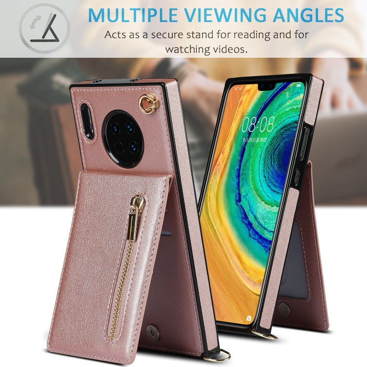 Para Huawei Mate 30 Cremallera Cross-Body Square TPU + PU Funda trasera con soporte y tragamonedas y billetera y correa (oro rosa)