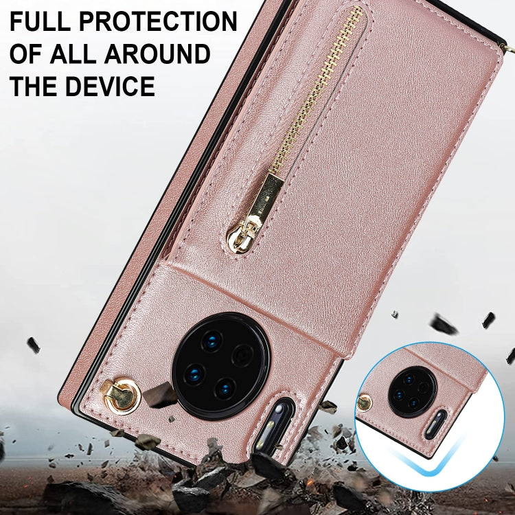 Para Huawei Mate 30 Cremallera Cross-Body Square TPU + PU Funda trasera con soporte y tragamonedas y billetera y correa (oro rosa)