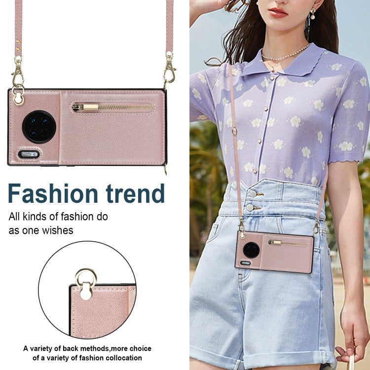 Para Huawei Mate 30 Cremallera Cross-Body Square TPU + PU Funda trasera con soporte y tragamonedas y billetera y correa (oro rosa)
