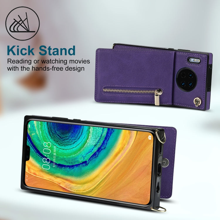 Para Huawei Mate 30 Cross-Body Zipper Square TPU + PU Funda posterior de la PU con soporte y tragamonedas de tarjetas y billetera y correa (púrpura)