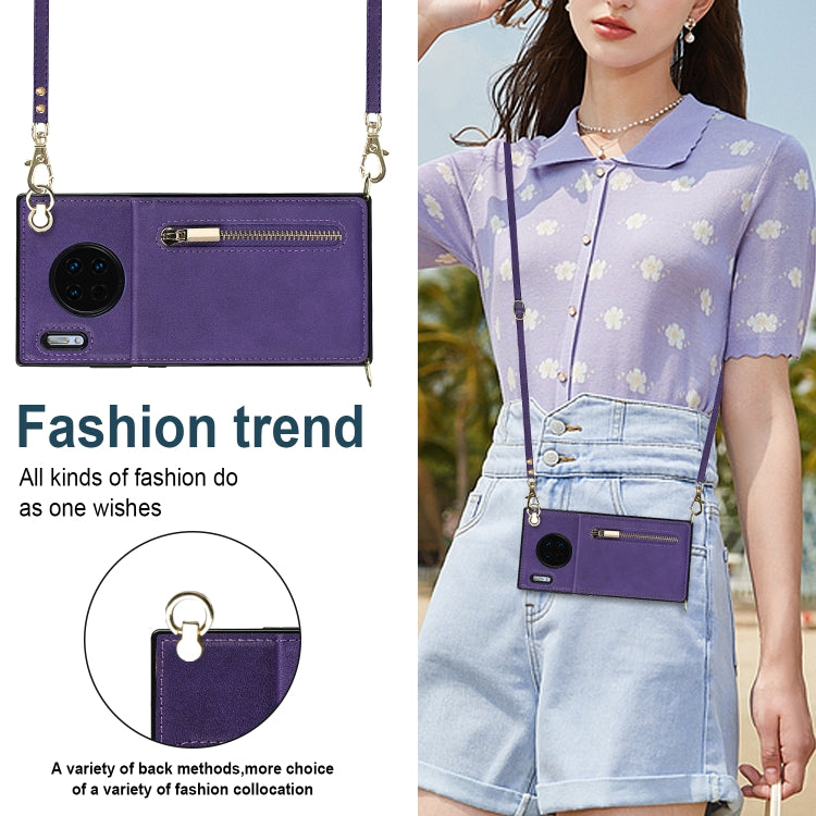 Para Huawei Mate 30 Cross-Body Zipper Square TPU + PU Funda posterior de la PU con soporte y tragamonedas de tarjetas y billetera y correa (púrpura)
