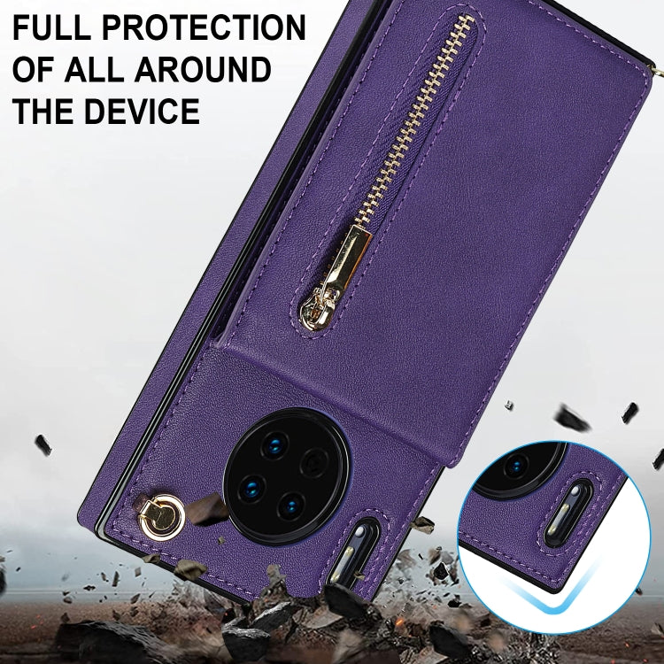 Para Huawei Mate 30 Pro Cross-Body Zipper Square TPU + PU Funda posterior de la PU con soporte y ranuras para tarjetas y billetera y correa (púrpura)
