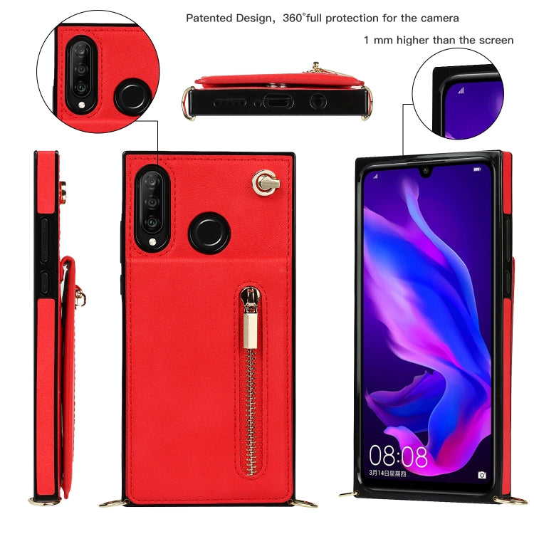 Para Huawei P30 Lite Cruz Cross-Body Square TPU + PU Funda trasera con soporte y ranuras para tarjetas y billetera y correa (rojo)