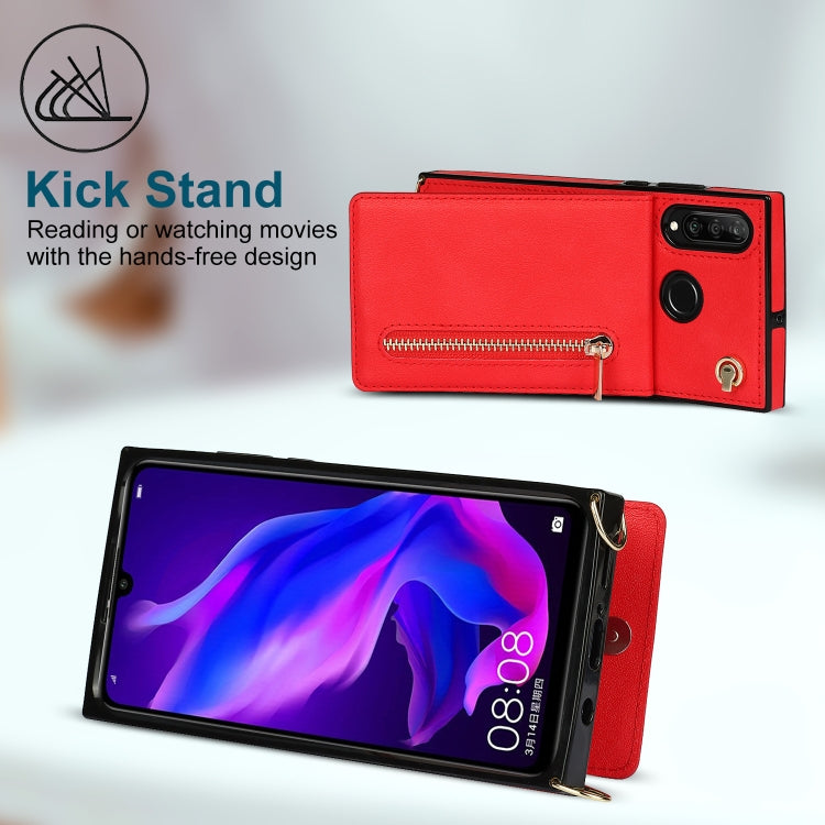Para Huawei P30 Lite Cruz Cross-Body Square TPU + PU Funda trasera con soporte y ranuras para tarjetas y billetera y correa (rojo)