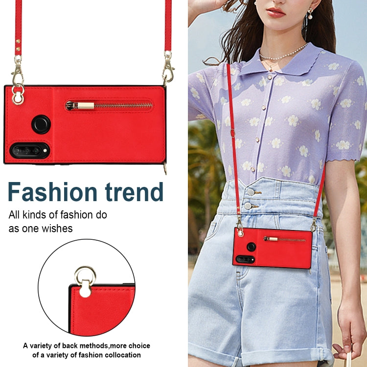 Para Huawei P30 Lite Cruz Cross-Body Square TPU + PU Funda trasera con soporte y ranuras para tarjetas y billetera y correa (rojo)