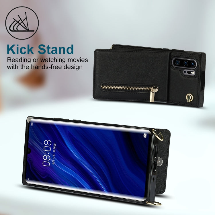 Para Huawei P30 Pro Cross-Body Zipper Square TPU + PU Funda trasera con soporte y tragamonedas y billetera y correa (Negro)