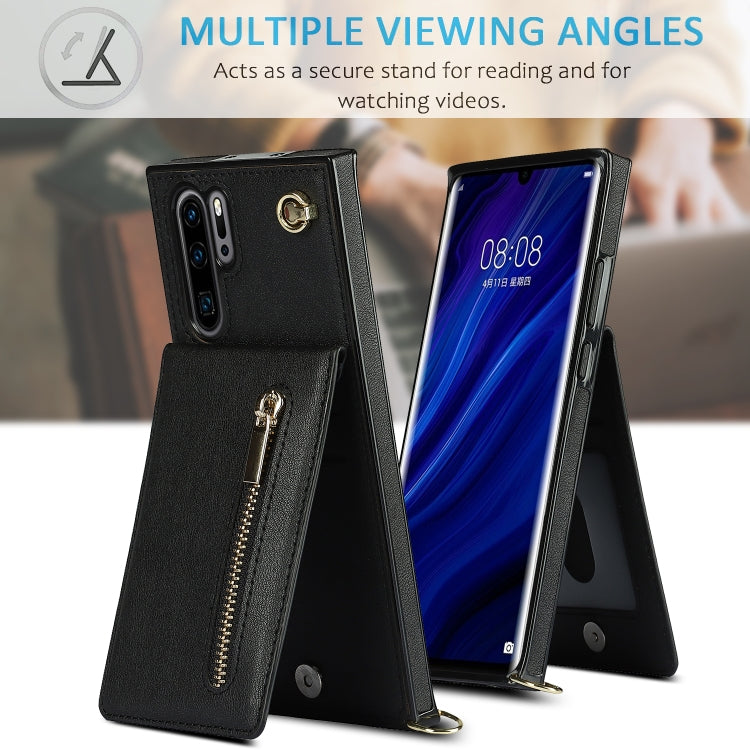 Para Huawei P30 Pro Cross-Body Zipper Square TPU + PU Funda trasera con soporte y tragamonedas y billetera y correa (Negro)