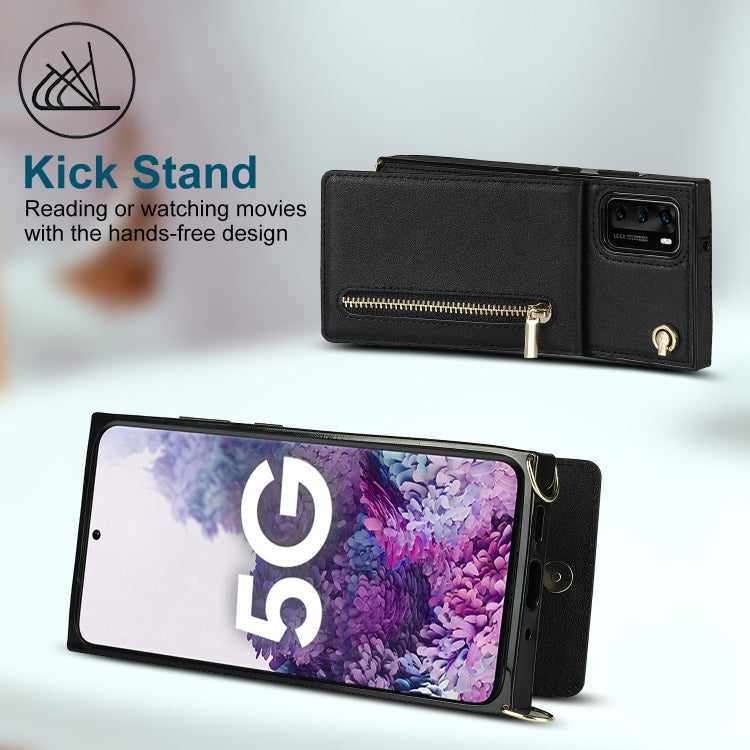 Para Huawei P40 Cross-Body Zipper Square TPU + PU Funda trasera con soporte y tragamonedas de tarjeta y billetera y correa (Negro)