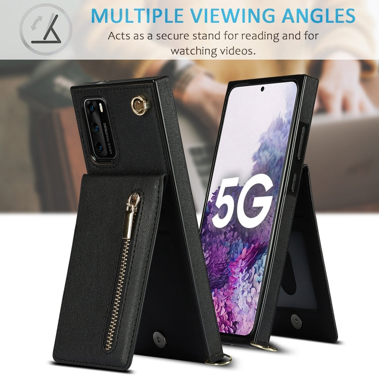 Para Huawei P40 Cross-Body Zipper Square TPU + PU Funda trasera con soporte y tragamonedas de tarjeta y billetera y correa (Negro)