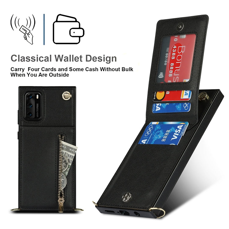 Para Huawei P40 Cross-Body Zipper Square TPU + PU Funda trasera con soporte y tragamonedas de tarjeta y billetera y correa (Negro)