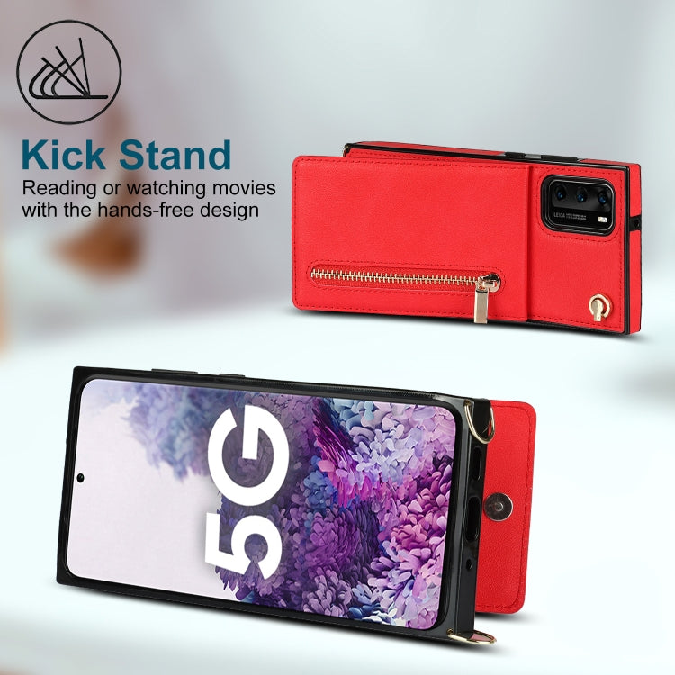 Para Huawei P40 Cross-Body Zipper Square TPU + PU Funda trasera con soporte y tragamonedas y billetera y correa (rojo)
