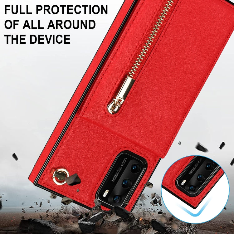 Para Huawei P40 Cross-Body Zipper Square TPU + PU Funda trasera con soporte y tragamonedas y billetera y correa (rojo)