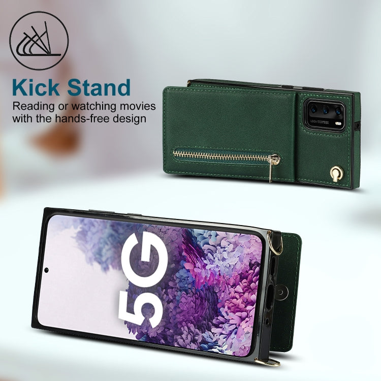 Para Huawei P40 Pro Cross-Body Zipper Square TPU + PU Funda trasera con soporte y ranuras para tarjeta y billetera y correa (verde)