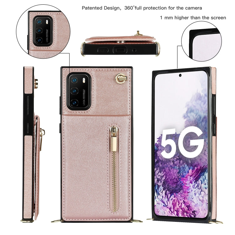 Para Huawei P40 PRO CRASS-CHERPER CHEPTPER SQUARE TPU + PU Funda trasera con soporte y tragamonedas y billetera y correa (oro rosa)