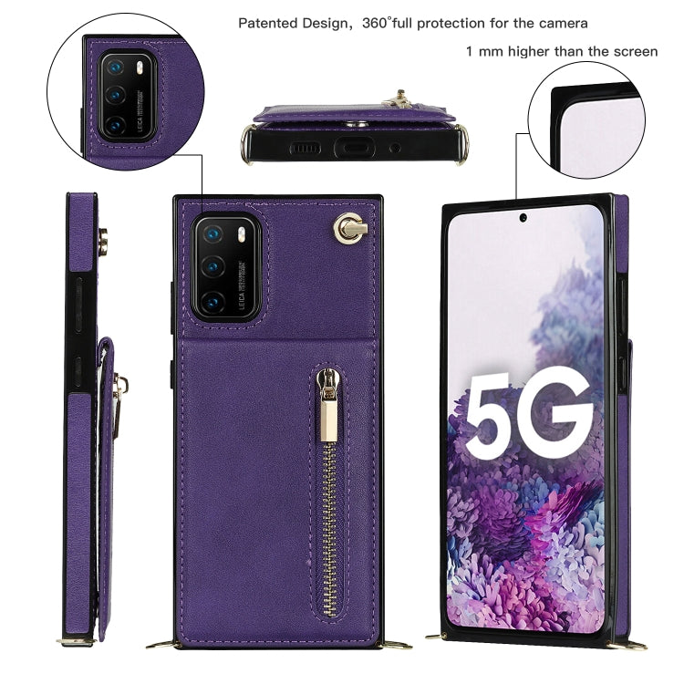 Para Huawei P40 Pro Cross-Body Zipper Square TPU + PU Funda trasera con soporte y tragamonedas y billetera y correa (púrpura)