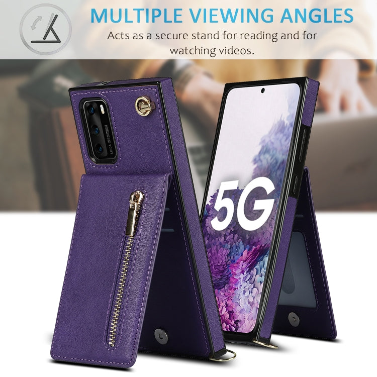 Para Huawei P40 Pro Cross-Body Zipper Square TPU + PU Funda trasera con soporte y tragamonedas y billetera y correa (púrpura)