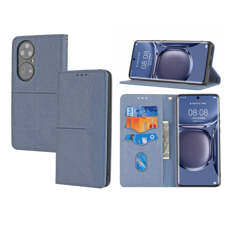 Para Huawei P50 Textura Textura Costura Magnética Horizontal Flip PU Funda de cuero con soporte y ranuras para tarjetas y billetera y cordón (gris)