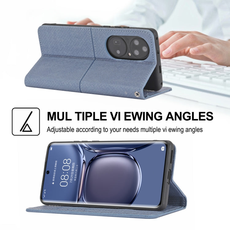 Para Huawei P50 Textura Textura Costura Magnética Horizontal Flip PU Funda de cuero con soporte y ranuras para tarjetas y billetera y cordón (gris)