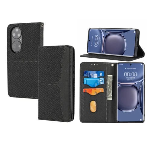 Para Huawei P50 textura tejida costura magnética Horizontal Flip PU Funda de cuero con soporte y ranuras para tarjetas y billetera y cordón (negro)