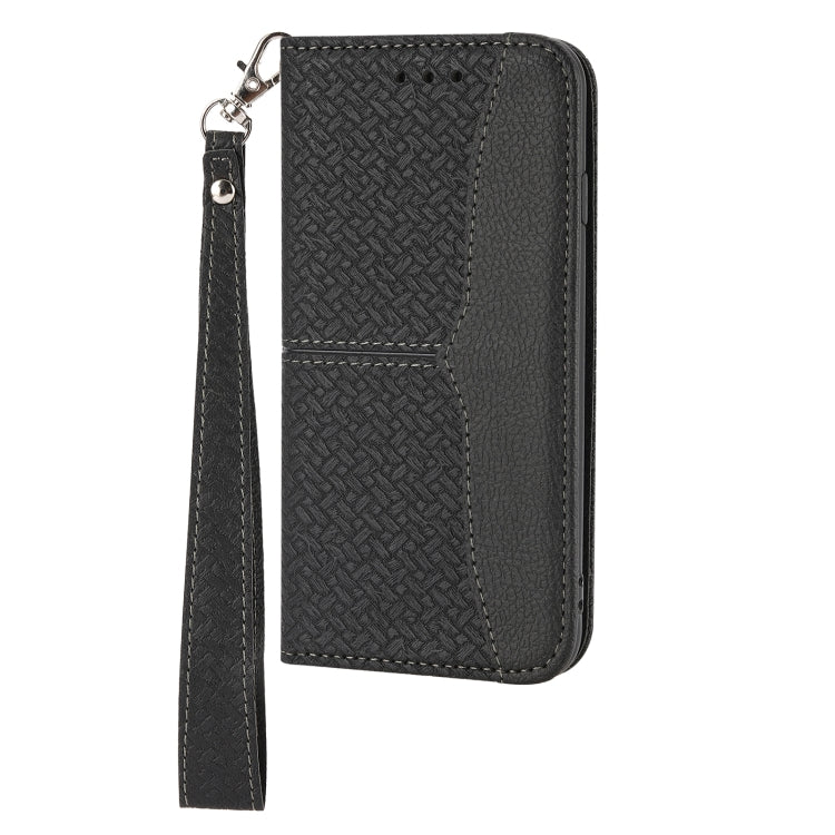 Para Huawei P50 textura tejida costura magnética Horizontal Flip PU Funda de cuero con soporte y ranuras para tarjetas y billetera y cordón (negro)