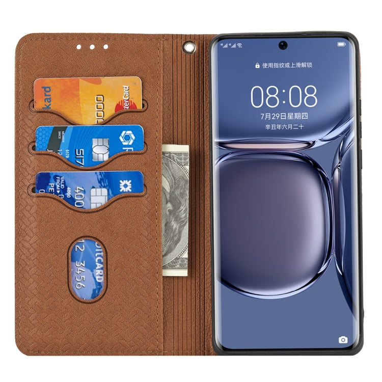 Para Huawei P50 Pro Textura Textura Magnética Horizontal Flip PU Funda de cuero con soporte y ranuras para tarjetas y cordón (marrón)