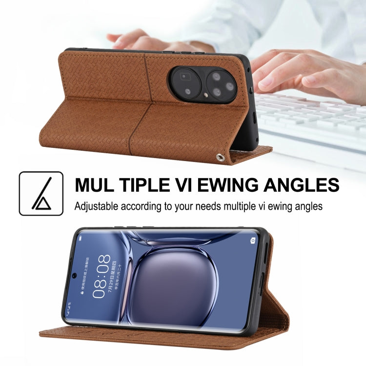 Para Huawei P50 Pro Textura Textura Magnética Horizontal Flip PU Funda de cuero con soporte y ranuras para tarjetas y cordón (marrón)