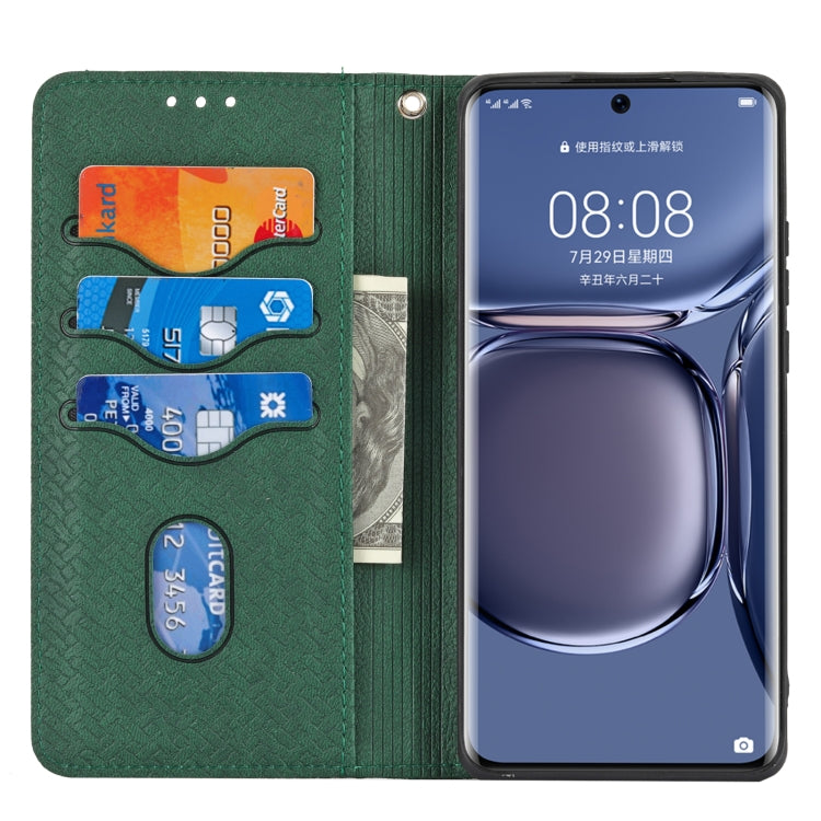Para Huawei P50 Pro Textura Textura Textura Magnética Funda de cuero Horizontal Flip PU con soporte y ranuras para tarjetas y Billetera y cordón (verde)