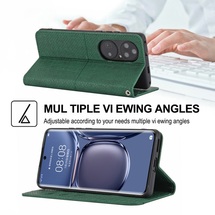Para Huawei P50 Pro Textura Textura Textura Magnética Funda de cuero Horizontal Flip PU con soporte y ranuras para tarjetas y Billetera y cordón (verde)