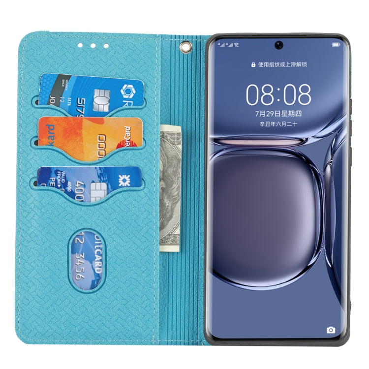 Para Huawei P50 Pro Textura Textura Magnética Horizontal Flip PU Funda de cuero con soporte y tragamonedas de tarjetas y billetera y cordón (azul)