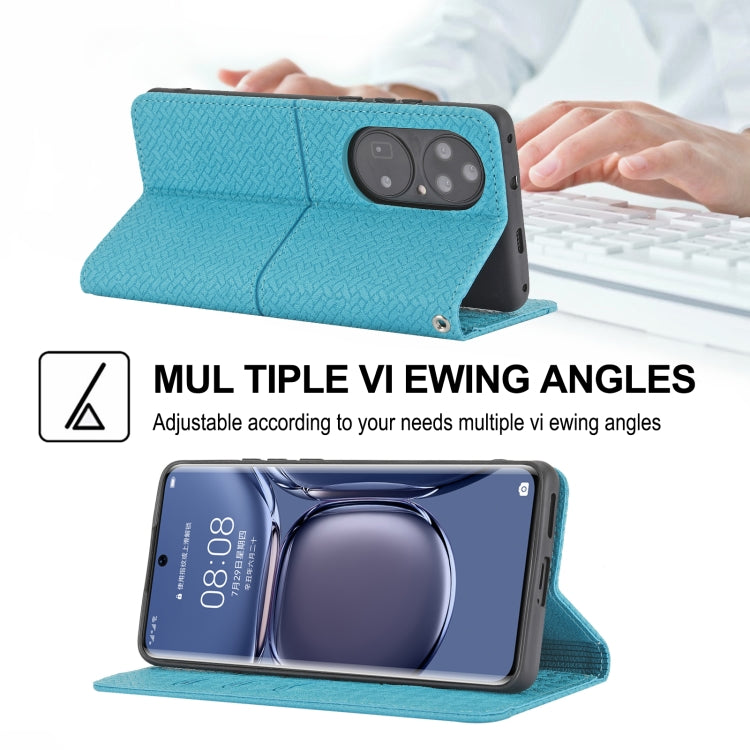 Para Huawei P50 Pro Textura Textura Magnética Horizontal Flip PU Funda de cuero con soporte y tragamonedas de tarjetas y billetera y cordón (azul)