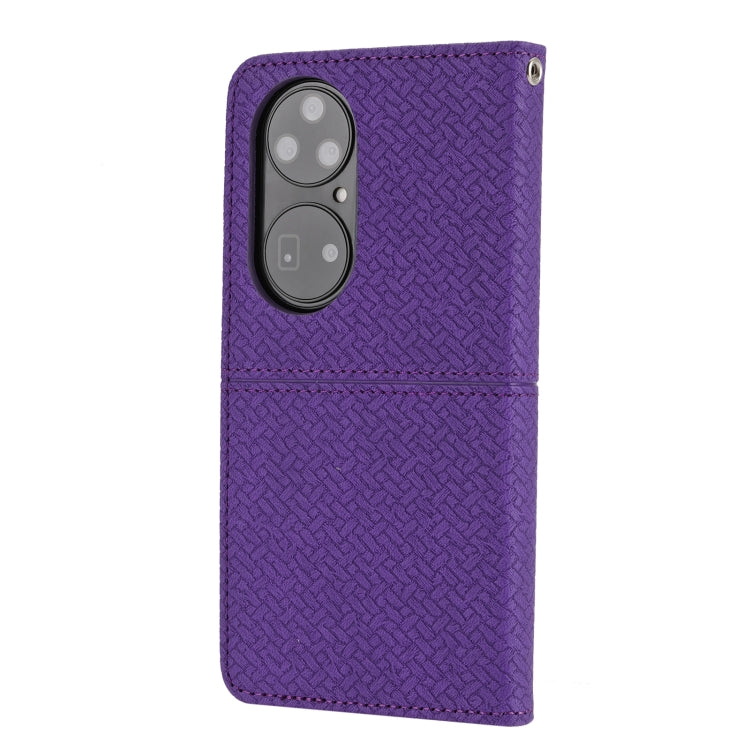 Para Huawei P50 Pro Textura Textura Magnética Horizontal Flip PU Funda de cuero con soporte y ranuras para tarjetas y Billetera y cordón (púrpura)