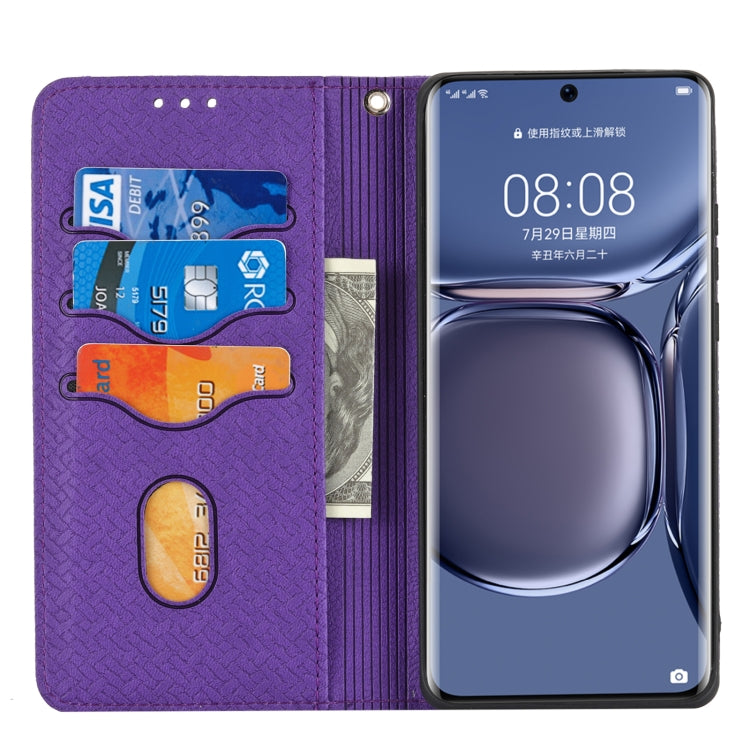 Para Huawei P50 Pro Textura Textura Magnética Horizontal Flip PU Funda de cuero con soporte y ranuras para tarjetas y Billetera y cordón (púrpura)