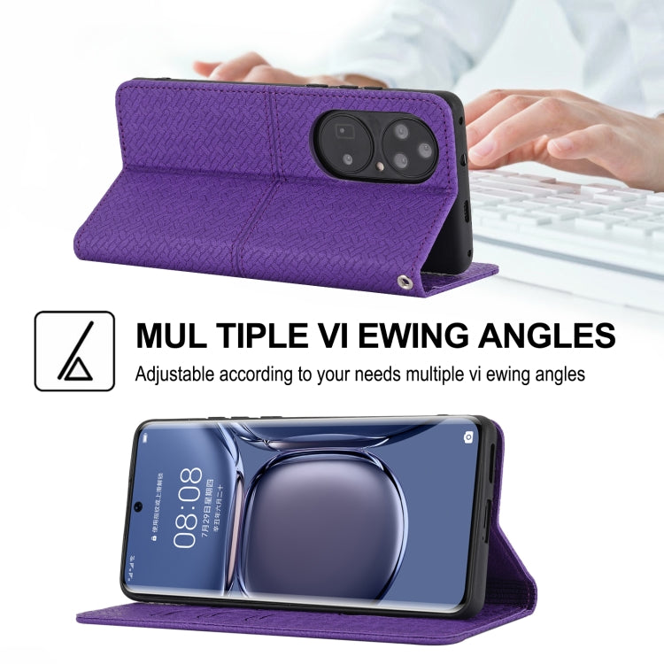 Para Huawei P50 Pro Textura Textura Magnética Horizontal Flip PU Funda de cuero con soporte y ranuras para tarjetas y Billetera y cordón (púrpura)