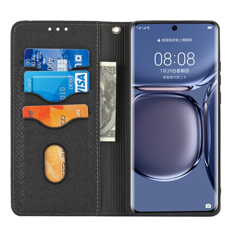 Para Huawei P50 Pro Textura Textura Magnética Horizontal Flip PU Funda de cuero con soporte y ranuras para tarjetas y Filtera (Negro)