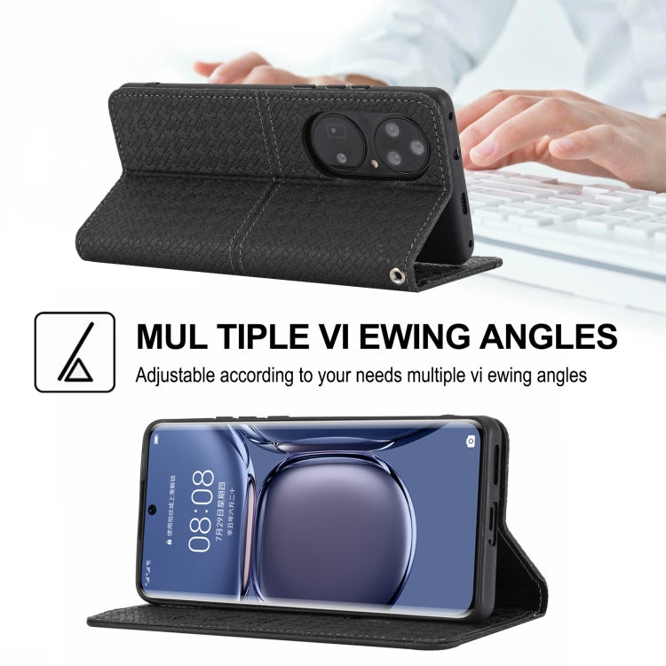 Para Huawei P50 Pro Textura Textura Magnética Horizontal Flip PU Funda de cuero con soporte y ranuras para tarjetas y Filtera (Negro)