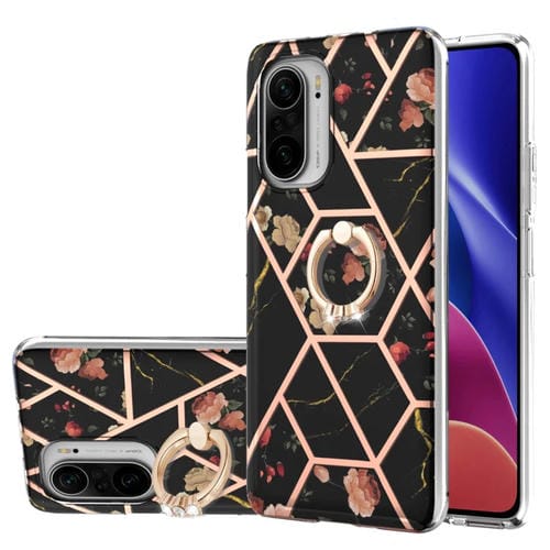 Para Xiaomi MI 11i / POCO F3 / REDMI K40 / REDMI K40 PRO Electroplating Splicing Patrón de flores de mármol TPU Funda a prueba de golpes con soporte de anillo de diamantes de imitación (flor negra)