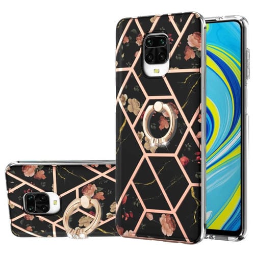 o Xiaomi Redmi Note 9S / Redmi Note 9 Pro / Redmi Note 9 Pro Max Becoplating Patrón de flores de mármol TPU Funda a prueba de golpes con el titular del anillo de diamantes de imitación (flor negra)