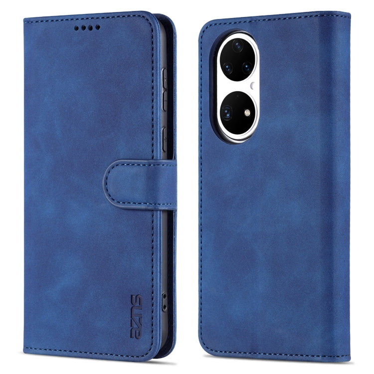 Para Huawei P50 AZNS Siente la piel de la piel de la piel de la piel de la carne de cuero horizontal con las ranuras y el soporte y la cartera (azul)