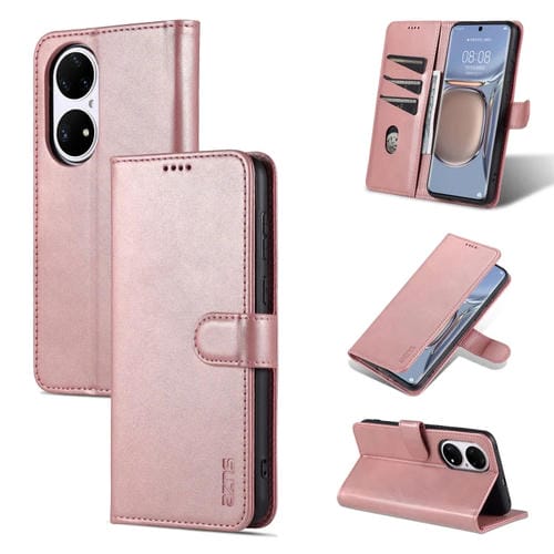 Para Huawei P50 AZNS Siente la piel con textura de pantorrilla Funda de cuero con tirón horizontal con ranuras y soporte para tarjetas y billetera (oro rosa)