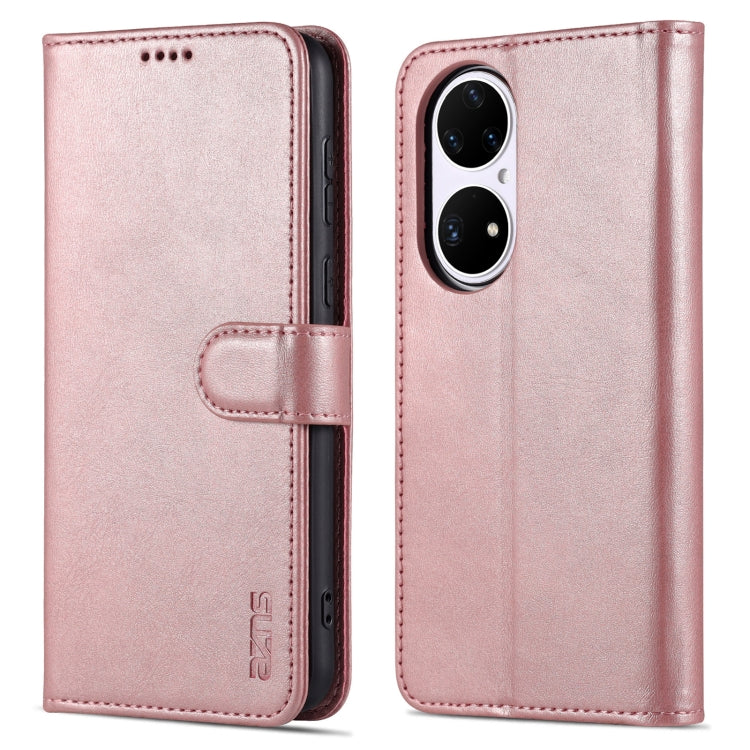 Para Huawei P50 AZNS Siente la piel con textura de pantorrilla Funda de cuero con tirón horizontal con ranuras y soporte para tarjetas y billetera (oro rosa)