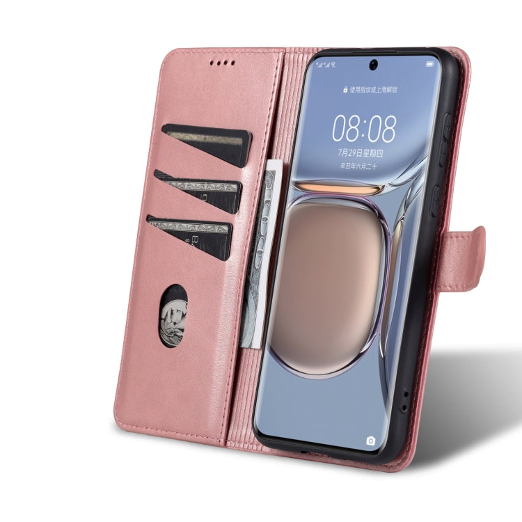 Para Huawei P50 AZNS Siente la piel con textura de pantorrilla Funda de cuero con tirón horizontal con ranuras y soporte para tarjetas y billetera (oro rosa)