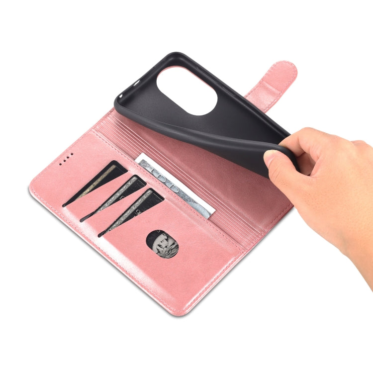 Para Huawei P50 AZNS Siente la piel con textura de pantorrilla Funda de cuero con tirón horizontal con ranuras y soporte para tarjetas y billetera (oro rosa)