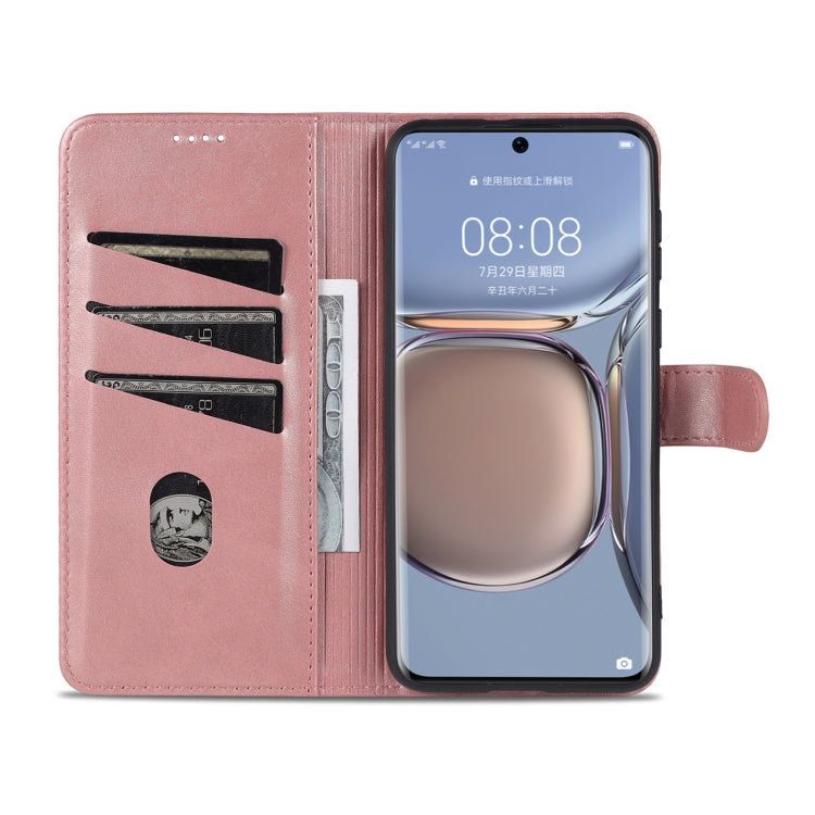Para Huawei P50 Pro AZNS Siente la piel de la piel de la piel de la carne de cuero Horizontal Flip Funda con ranuras y soporte para tarjetas y billetera (oro rosa)