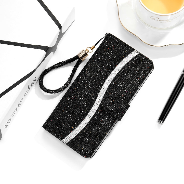 Para Sony Xperia 10 III Glitter Powder Horizontal Flip Funda de cuero con tragamonedas y soporte para tarjetas y cordón (negro)