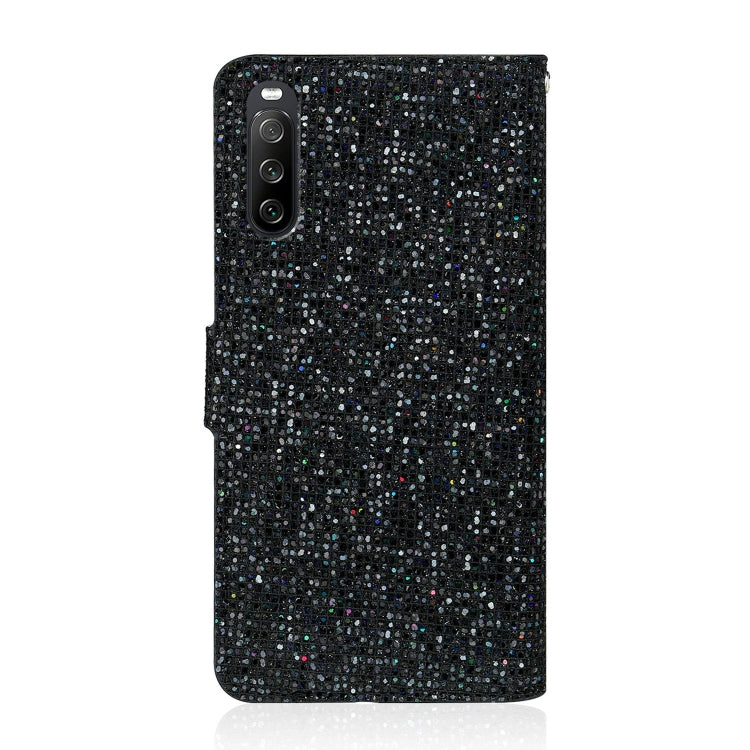 Para Sony Xperia 10 III Glitter Powder Horizontal Flip Funda de cuero con tragamonedas y soporte para tarjetas y cordón (negro)