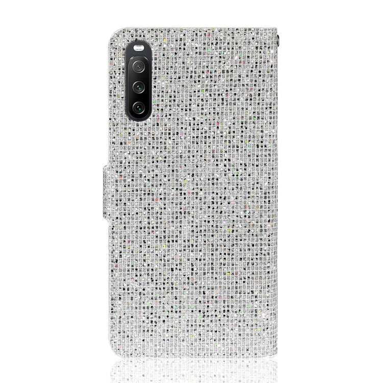 Para Sony Xperia 10 III Glitter Powder Horizontal Flip Funda de cuero con ranuras y soporte para tarjetas y cordón (Plata)