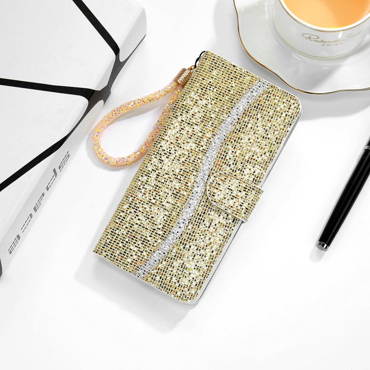 Para Sony Xperia 10 III Glitter Powder Horizontal Flip Funda de cuero con ranuras y soporte para tarjeta y cordón (oro)